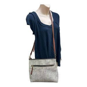 FOSSIL Fionia Polka Dot Handbag Crossbody Purse Coated Canvas Leather Trim